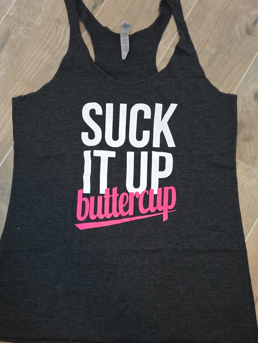 Next Level Apparel Charcoal Racerback Tank with White & Pink Graphic